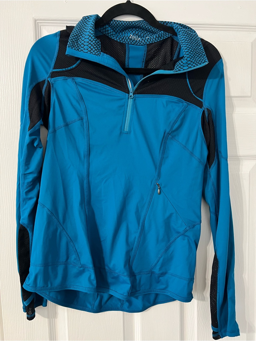 Zella Teal-Blue Quarter Zip Utility Jacket with Black Mesh Accents
